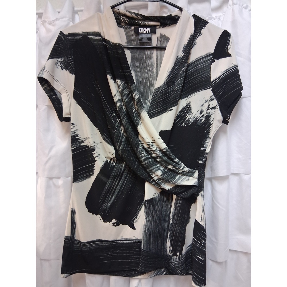 DKNY Womens PM Petite Black White Abstract Brushstroke Surplice Draped Top 1626